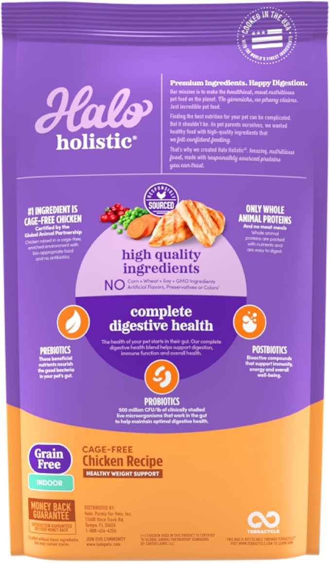Halo Holistic Cage Free Chicken Cat Food, Grain Free Dry Cat Food, For Healthy Weight Support, Kibble for Indoor Cats, 10 lb Bag