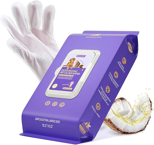HICC PET Cleaning Deodorizing Glove Wipes for Dogs & Cats, Vet Recommended Hypoallergenic Pet Cleaning and Hydrating Glove Wipes, Nourish Fur Coconut Oil Pet Bathing Wipes for Horse Coat Care