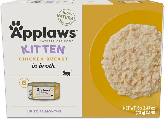 Applaws Natural Wet Kitten Food in Broth, Limited Ingredient Canned Wet Kitten Food, No Additives, Made with Natural Ingredients, Chicken Breast in Broth (6 x 2.47oz Cans)