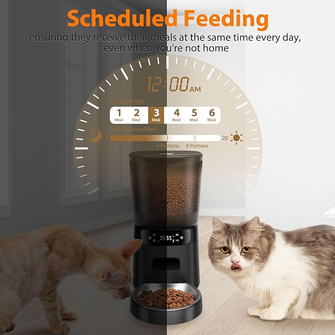 Automatic Cat Feeder, Cat Food Dispenser with Stainless Steel Bowl, Timed Portion Control 20 Portions 6 Meals Per Day, Voice Recorder, Dual Power Supply for Small Dogs (Black)