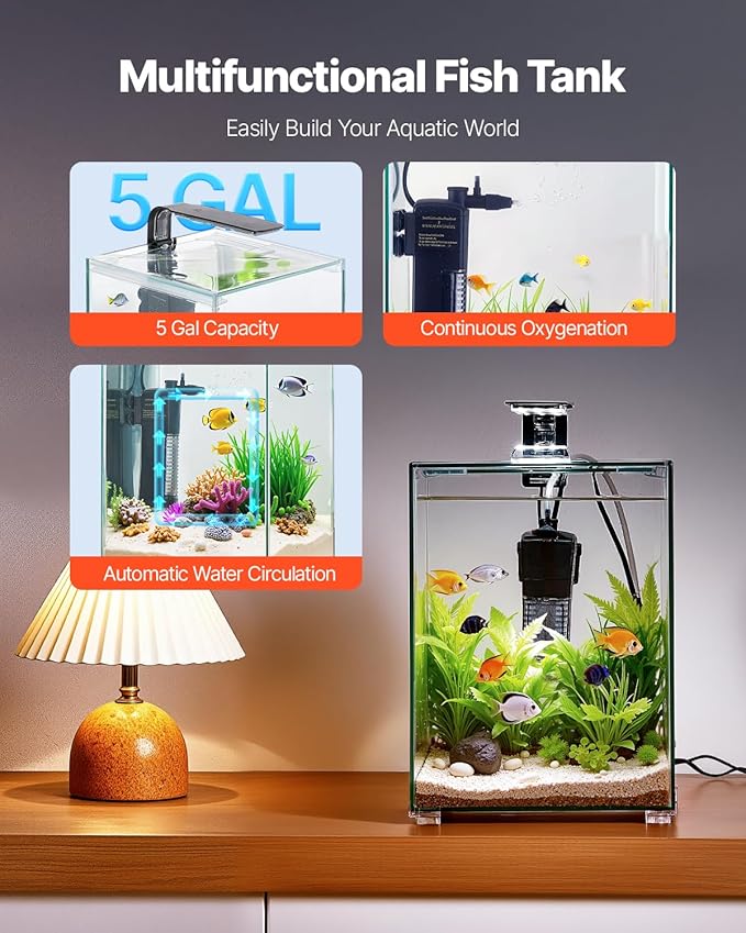 VEVOR Fish Tank Aquarium, 5 Gallon Square Ultra-Clear Glass Starter Smart Tank Adjustable 3 Color Lighting, Self Cleaning System Fishbowl for Freshwater & Saltwater Fish Home, Office, or Pet Use