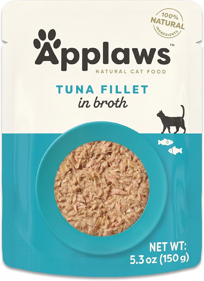 Applaws Natural Wet Cat Food in Broth, Limited Ingredient Wet Cat Food Pouches, No Additives, Made with Natural Ingredients, Tuna Fillet in Broth (12 x 5.3oz Pouches)
