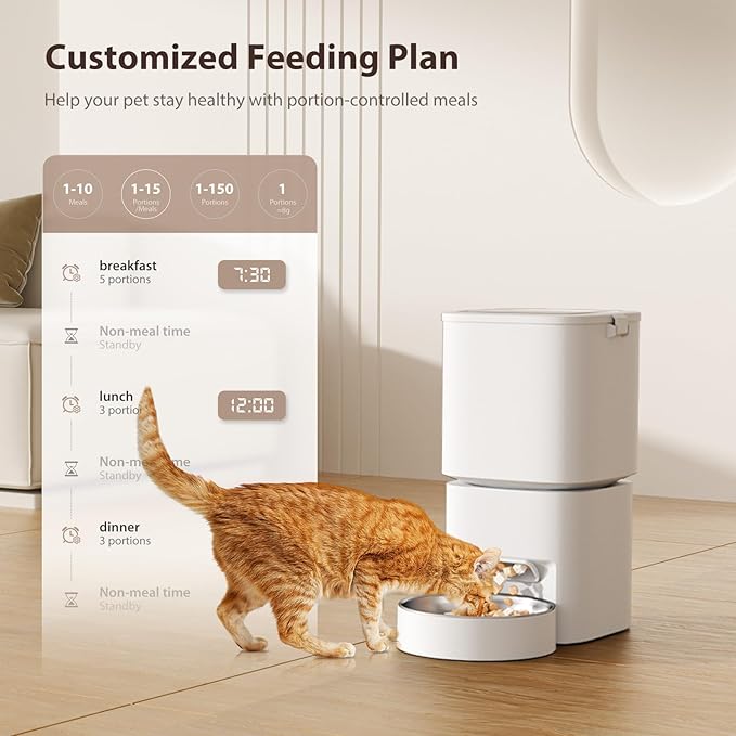 5L/21 Cups Automatic Cat Feeder, Timed Automatic Pet Feeders, Cat Dry Food Dispenser Dual Power, 10 Meals Programmable 1-15 Portion Control Cats Feeder, Pet Food Dispenser for Cats & Puppy(Not WiFi)