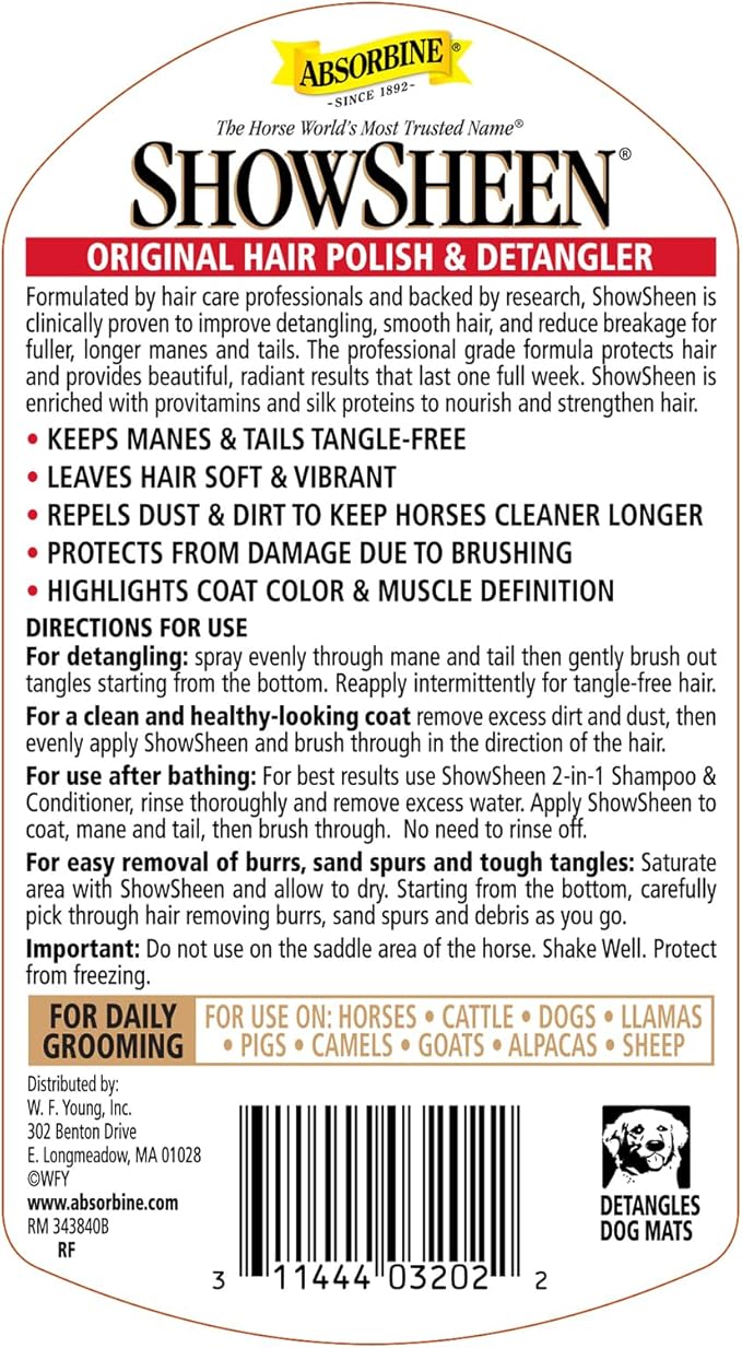 Absorbine ShowSheen Hair Polish & Detangler 32oz Refill Bottle, Horse and Dog Coat, Mane and Tail, Instant Detangling & Reduces Hair Breakage for Healthy Grooming & Radiant Shine