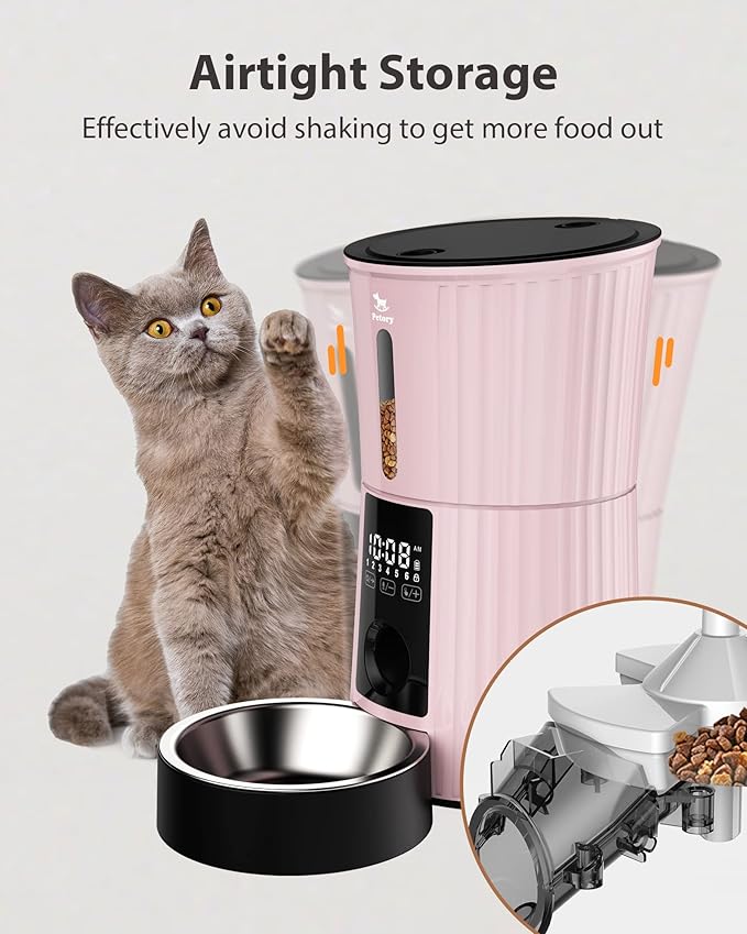 Petory Timed Automatic Cat Feeders - 4L Programable Dry Food Dispenser for Cats and Small Medium Dogs 6 Meals with Desiccant Bag Dual Power Supply 10S Voice Recorder