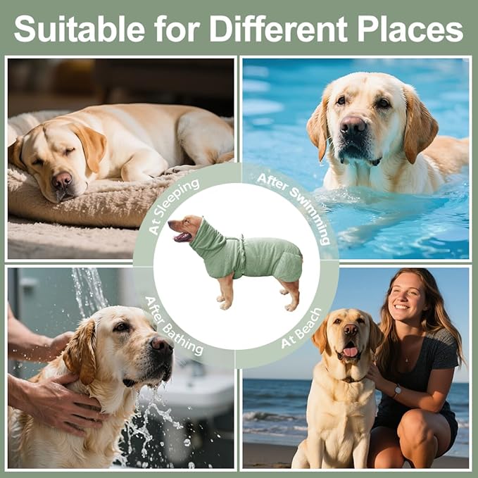 Medium to Large Size Dog Bathrobe, Quick Drying Super Absorbent Used for After Bathing, Warm Dog Towels, Adjustable Hoodies and Belts for Pet Dogs Bath Clothes Products(Green Jacquard, 2XL)