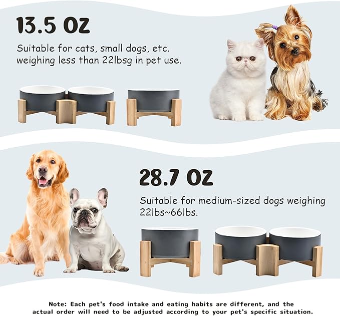 SPUNKYJUNKY 15° Slanted Ceramic Dog and Cat Bowl with Wooden Stand, Tilted Bulldog Food and Water Bowl No Slip Non-Spill for Cats Medium Dogs Big Face Pets 13.5 OZ (1.7 Cups, White-Grey × 2)