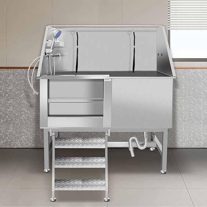 50" Dog Bathing Station, Professional Dog Washing Station Stainless Steel Dog Grooming Tub for Home,Equipped with Three Anti-Slip Steps, Removable Door, Pet Wash Station for Pet (50" Left ramp)
