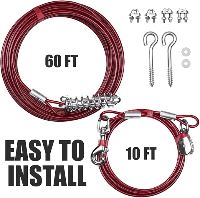 BV Dog Tie Out Cable 60 Feet - Heavy Duty Dog Lead Up to 125 Pounds with Trolley System - Reflective, Rust-Free, Quick Release Swivel Clips & Shock Spring, Tangle-Free Dogs Runner for Yard(Red Single)