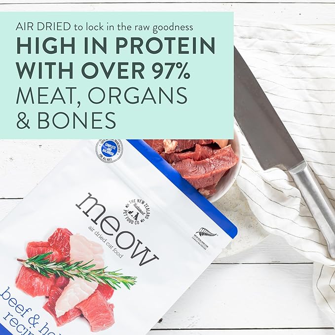 Meow Air Dried Cat Food - Beef & Hoki Recipe,High Protein Dry Cat Food, Training Treats, Meals & Toppers,3.5oz