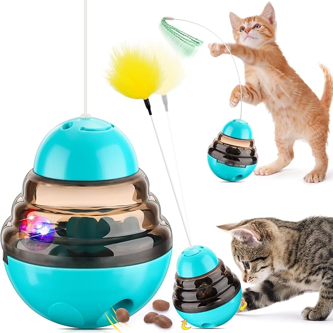 Tumbler Cat Toys for Indoor Bored Cats,Fun Wand Toy and Feather Toys Slow Feeder with Flash Ball,Cat Toys for Indoor Cats to Loss Weight and Exercise Feeding Pet Supplies Birthday Gift (Blue)