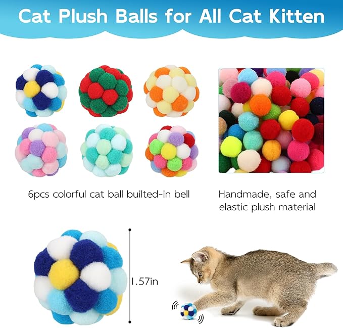TUSATIY Interactive Cat Ball Toy, 6PCS Fuzzy Kitty Balls with Bells,Cats Pom Pom Balls for Kittens to Keep Busy,Colorful Cat Chew Toys for Indoor Cats