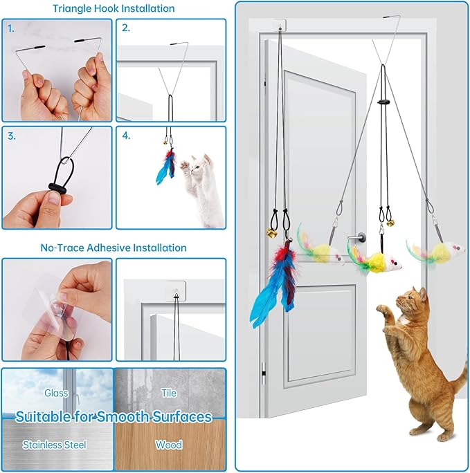 ZooZoo 14PCS Interactive Cat Feather Toy Set for Indoor Cats, Active Play Kit with Door Hanging Toy, Double-Sided Suction Cat Wand with Feathers, Mice & Fur Balls, Encourages Hunting, Jumping, Chasing