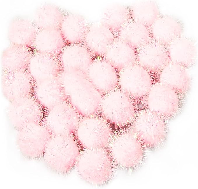 VAPKER 30 Pcs Cat Ball Toys Sparkle Balls Extra Large 2 Inch Cat's Favorite Chase Glitter Ball Glitter Tinsel Pom Poms Balls Light Pink Color