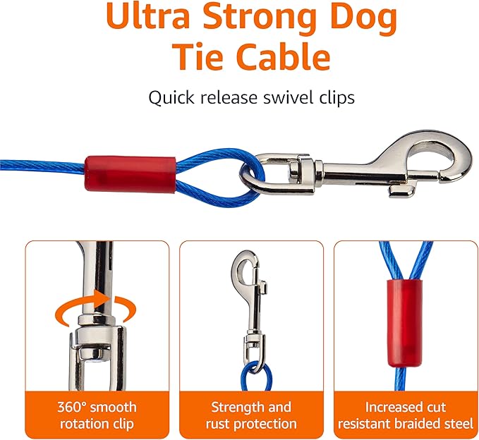 Amazon Basics Tie-Out Cable for Dogs up to 60 lbs, 25 feet, Blue