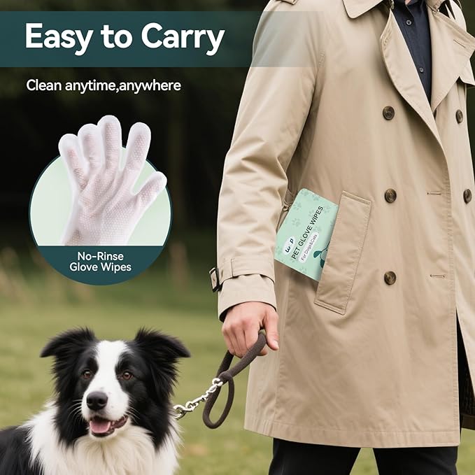 WLP Pet Glove Wipes for Dogs & Cats, Cleaning Deodorizing Hypoallergenic Hydrating Grooming Wipes, Individually Wrapped, Enriched with Aloe & Jojoba Oil for Daily Care, Traveling (24 PCS)