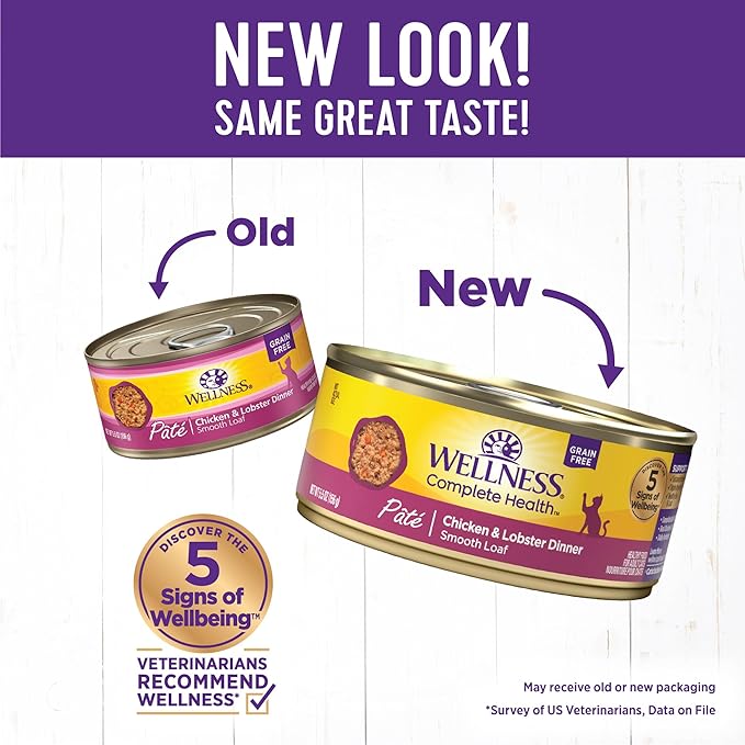 Wellness Complete Health Natural Grain Free Wet Canned Cat Food, Chicken & Lobster Pate, 5-Ounce Can (Pack of 24)