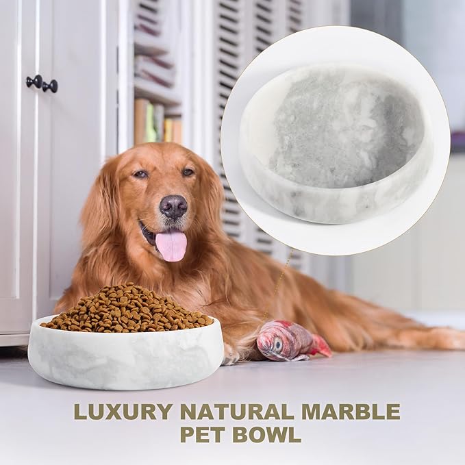 White Dog Bowl, Marble Dog Food Bowl, Non-Slip Water Dish Large, Heavy Duty Pet Bowl for Large Dogs, African Natural Marble, Holds 6 Cups(6lbs)