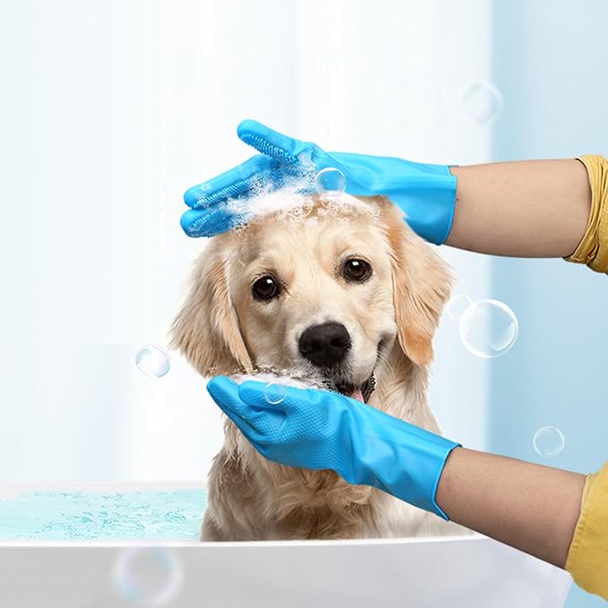 Pet Grooming Gloves，Heat-Resistant Silicone Gloves with High-Density Teeth for Enhanced Massaging and Bathing of Dogs and Cats (Blue, 2 Pair)