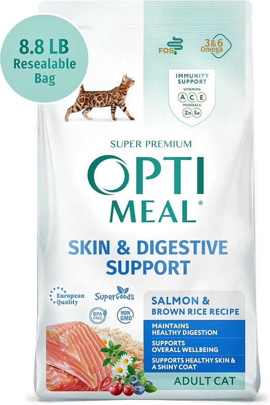 OPtimeal Skin & Sensitive Stomach Cat Food - Proudly Ukrainian - Healthy Cat Food Dry Recipe for Skin & Digestive Support, Tasty Dry Cat Food for Pets (8.8 lbs, Salmon & Brown Rice)