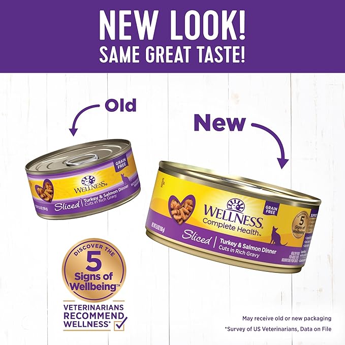 Wellness Complete Health Sliced Adult Wet Cat Food, Natural, Protein-Rich, Grain Free, 5.5 Ounce, 24 Pack, (Turkey & Salmon Entrée)