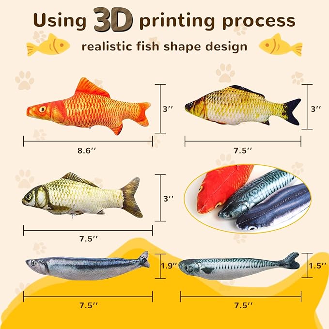 Catnip Toys 5 Pack - Simulation Fish Shape Realistic Fluffy Catnip Doll Interactive Pets Pillow Chew Bite Supplies for Cat Kitten Kitty