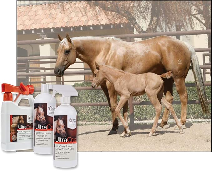 UltraCruz Equine Foaming Horse Shampoo with Travel Applicator, Conditioner and Show Polish Spray Bundle, 32 oz Each