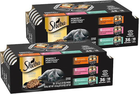 Sheba Perfect Portions Wet Cat Food Cuts in Gravy Variety Pack, Roasted Chicken Entree, with Sustainable Salmon, 2.6 oz. Twin-Pack Trays (18 Count, 36 Servings) (Pack of 2)