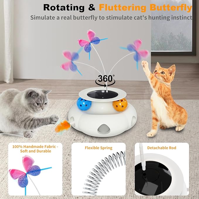 Interactive Cat Toys for Indoor Cats, 3in1 Rechargeable Pet Teaser Toy with Ambush Feather Wand, Fluttering Butterfly and Track Balls, Touch Activated Automatic Kitten Toys with Remote Control
