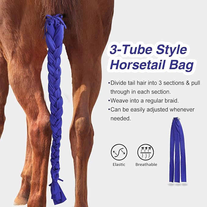 Harrison Howard 3 Tube Stretchy Fabrics Adjustable Closure Lightweight Horse Tail Bag for Horses Braid-in Tail Bag