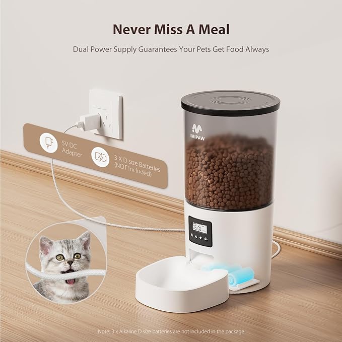 Automatic Cat Feeders, 5L Large Capacity, Timed Feeding Dry Food, Dual Power Design, Programmable Portion Size, 1-6 Meals Per Day, with Desiccant Packet, Suitable for Small Pets Food Dispenser