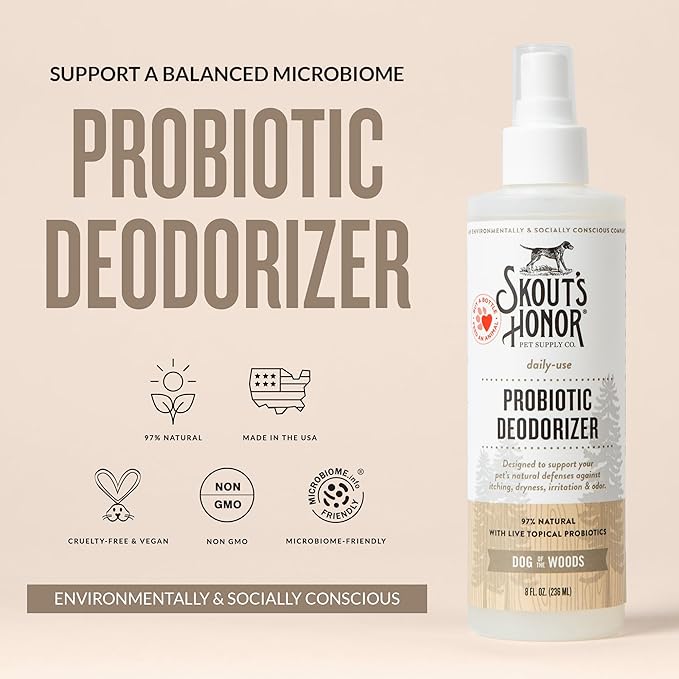 SKOUT'S HONOR Probiotic Pet Deodorizer Spray- Hydrating Daily-Use with Avocado Oil & Omega-3s, Microbiome Friendly Certiified, Paraben & Sulfate-Free, 97% Natural, 8oz, Dog of The Woods, 2-Pack
