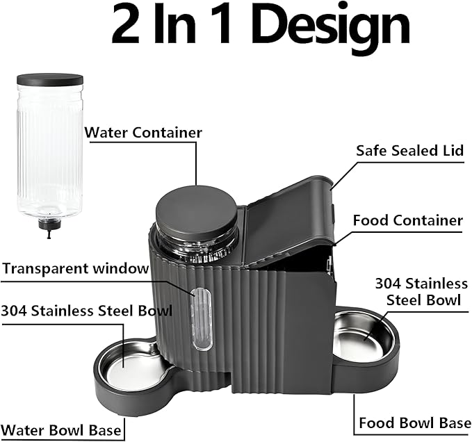 Automatic Cat Food Feeder and Water Dispenser,2 in 1 Gravity Cat Feeder and Water Dispenser with Stainless Steel Bowl,2 Pack Large Capacity Self Feeding for Small Medium Pets Puppy Kitten