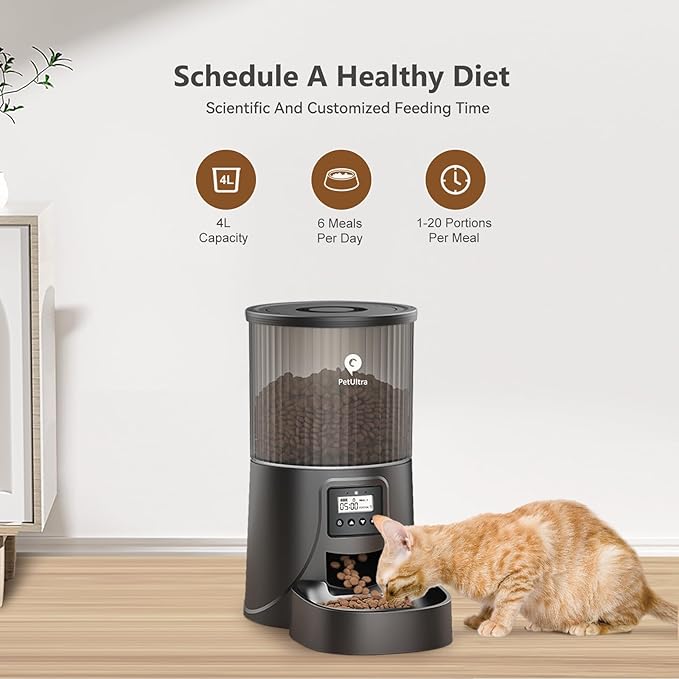 Automatic Cat Feeder: 4L Timed Cats Food Dispenser Programmable 1-6 Meal for Cat and Small Medium Dog- Auto Pet Feeder Easy to Set Up Dual Power Supply with Desiccant Bag| Detachable Washable