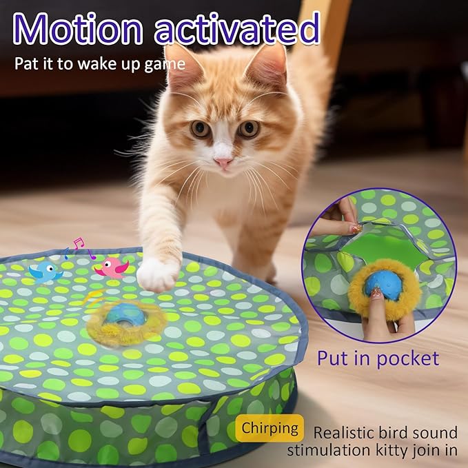 Interactive Cat Toys Ball Fast Rolling in Pouch, Motion Activate Chirping Cat Toy Hide and Seek Mouse Catching Game (Halloween Party)