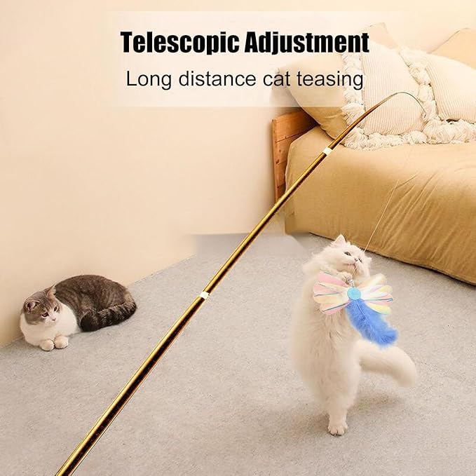 Interactive Cat Wand Toys Set, 2PCS Cat Teaser with 6 Replacement Birds, Feathers & Bells for Indoor Play