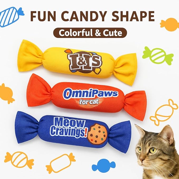 Catnip Candy Toys for Indoor Cats – 3-Pack Crinkle Cat Toys with Catnip Pouches, Durable Canvas & Soft Filling, Cat Chew Toys for Kittens & Adults (Yellow)