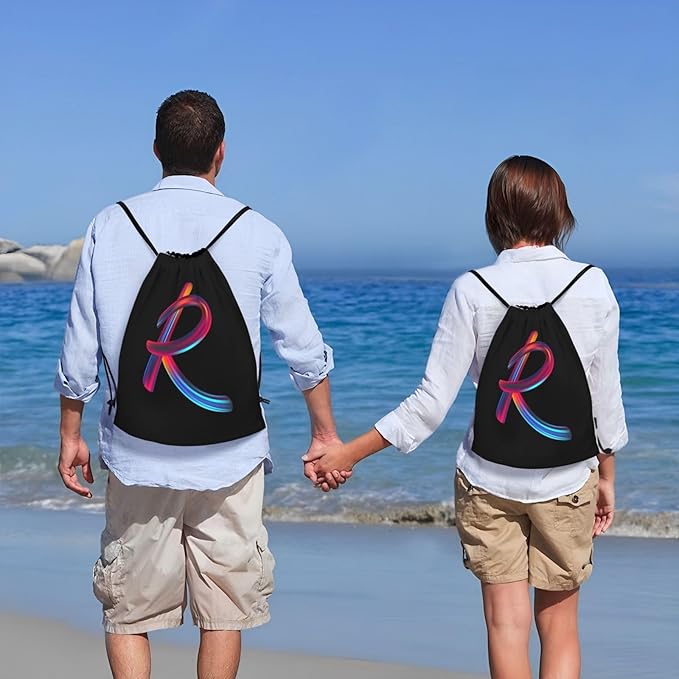 Drawstring Bags Initial Drawstring Backpack Sackpack Black Draw String Cinch Bags for Sports, Gym, Travel, Swimming, Beach, Camping, Rainbow Letter R