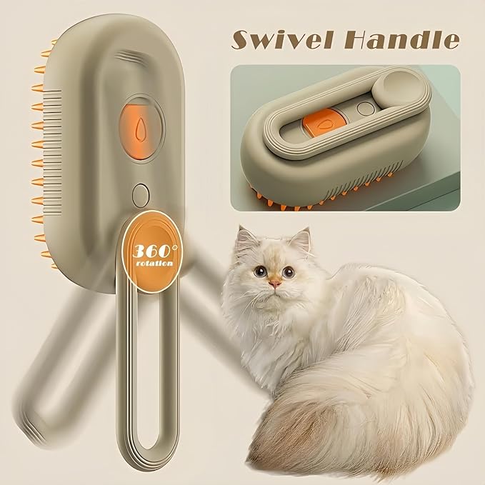 Cloud Care Cat Brush，Cat Hair Steam Brush for Shedding， 2024 Best Cat Steam Brush, Pet Steam Brush, 3-in-1 Self-Cleaning Cat Brush with 360° Rotating Arm, Detachable Silicone Bristle Head (Brown)