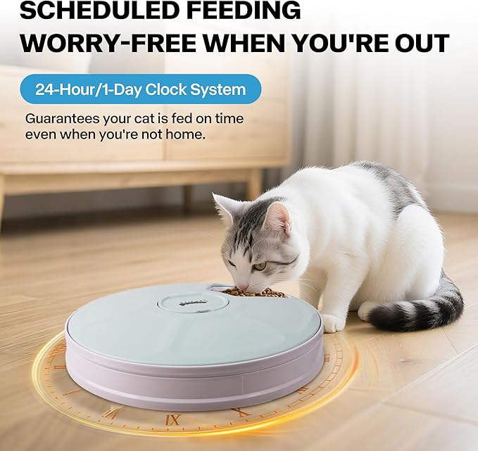 Pawise Automatic Cat Feeder, 6-Meal Programmable Pet Food Dispenser with Bird Chirp Sound Alert, Battery Operated, BPA-Free, Bonus Snack Ball Toy, for Cats & Small Dogs（Batteries Not Included