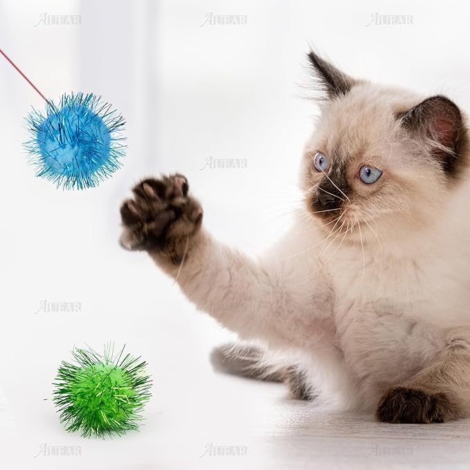 AUEAR, 20 Pack Sparkle Balls 1.5 Inches Tinsel Poms for Cats Pets Assorted Colors