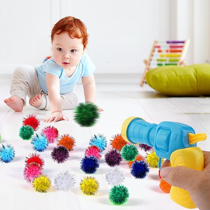 Dorhui Cat Toy Gun Launcher - 30 Pcs Sparkle Pom Pom Balls and Ball Launcher, Fetch Toy Gun Shooter, Interactive Glitter Balls for Indoor Cats and Kitty Gifts