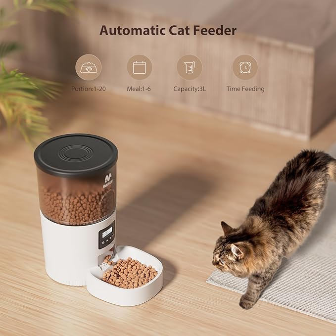 Automatic Cat Feeders, 3L Timed Cat Dry Food Dispenser, Dual Power Supply, Programmable Portion Size, Auto Pet Feeder for Cats and Small Dogs