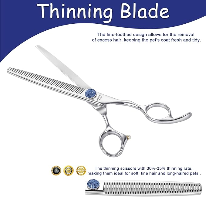 7'' Dog Grooming Scissors CNC 440C Blades Sharp and Durable Polished Thinning Dog Shears with Blue Diamond Adustable Screws Easy to Use for Groomer and Home User