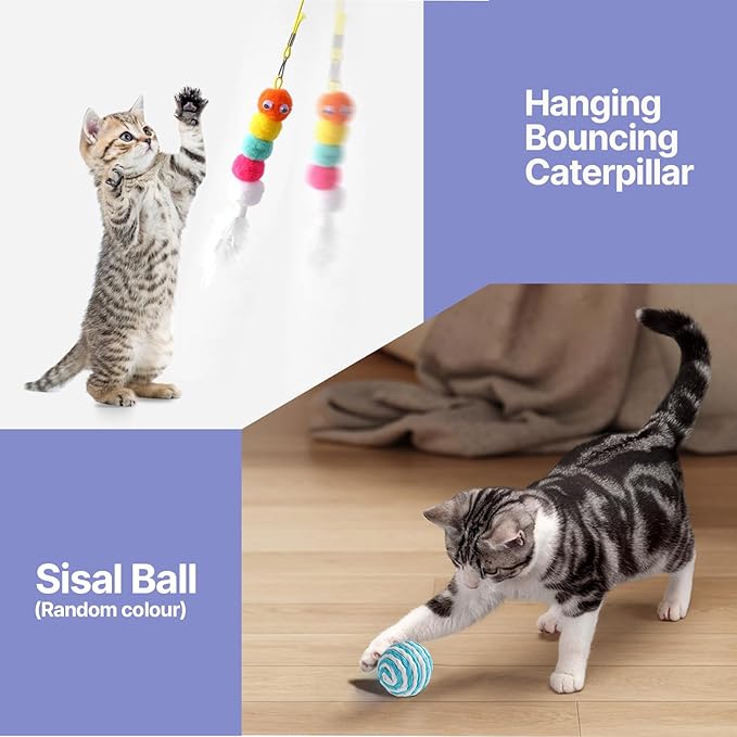 Cat Toys for Indoor Cats-7 Pieces Emrichment with Speedy Tail Moving Ball,Chirping Bird,Silvervine Sticks,Chew Rope,2 Cat Ball Toy,Hanging Caterpillar,Interactive Cat Toys for Bored Indoor Adult Cats