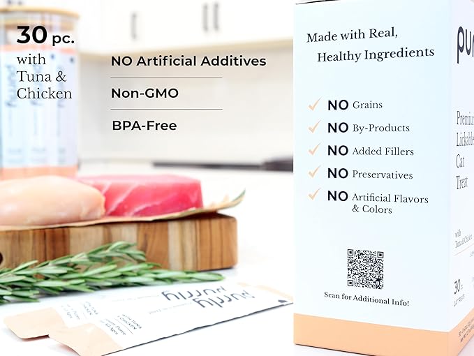 Purrly Cat Treat Topper Lickable Wet Squeezable Healthy Human-Grade Tuna & Chicken Breast with Prebiotic and Dietary Fiber for Indoor Cats (30 Count) Grain-Free Non-GMO No-Preservatives