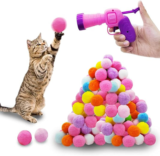 Andiker Plush Pom Pom Balls Set - Interactive Cat Toy (30pcs - Pink: 100balls, Launcher Set)