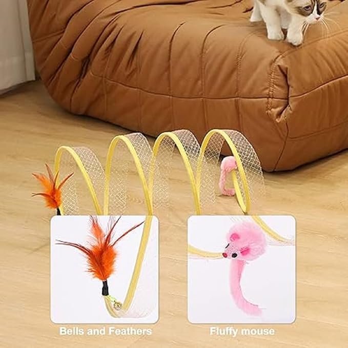 2Pcs Folded Cat Tunnel Toy for Indoor Cats,Collapsible Pet Spring Cat Toys with Feather Mouse Upgrade Interactive Toy Playing Tent for Puppy Kitten Accessories Home Self-Happy Cat Toys (Yellow)