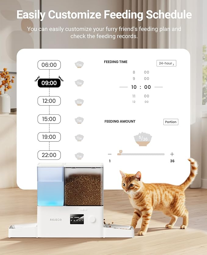 Rojeco 36Cups/8.5L WiFi Automatic Cat Feeder and Gravity Water Dispenser,Stainless Steel Bowls 2-in-1 Large Capacity 5L Food Dispenser with APP and 3.5L Water Fountain for Pets,Dogs,Puppies,Kittens
