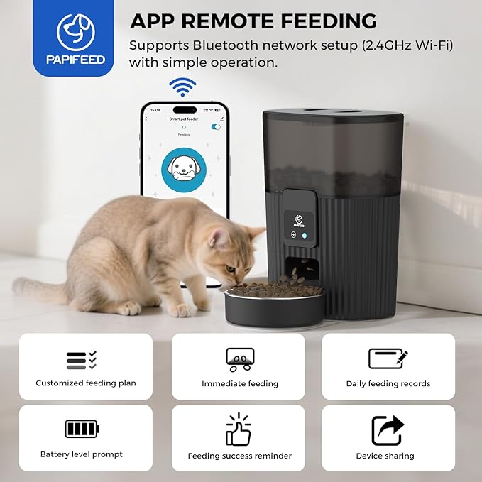 PAPIFEED Automatic Cat Feeder 3.5L/15 Cup 2.4G WiFi Pet Feeder for Dog Work with Alexa & Echo Timed Cat Food Dispenser for Remote Feeding with Stainless Steel Bowl up to 10 Meals Per Day with APP